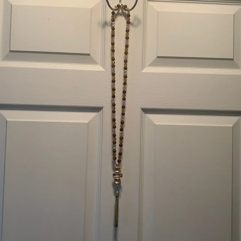 Long‎ Brown Gold Beaded Necklace with Tassels 24 Inches Long